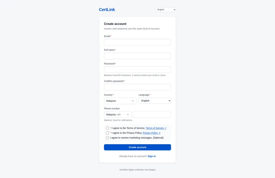 The sign-up form — country and language, password strength, and the three agreements.