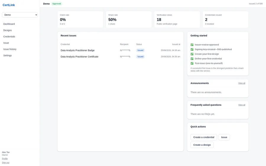 The dashboard. The status badge sits beside the organisation name — Approved here; a new workspace reads Under review until the review completes.