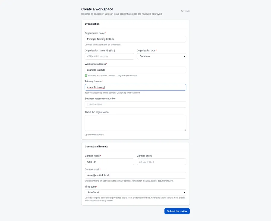 The Create a workspace form. The workspace address has been checked and the hint shows the issuer DID it will produce.