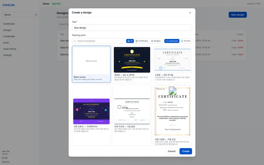 Creating a design — a template or a blank canvas, then the size.