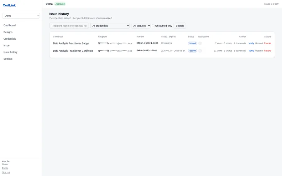Issue history. Recipient details are masked here too.
