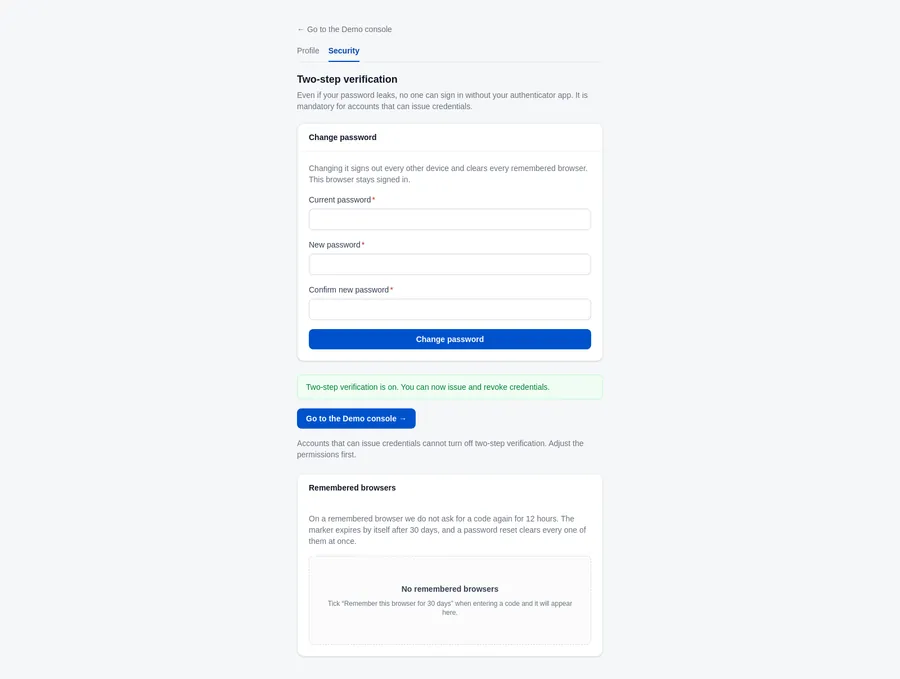 Account → Security on an account that has already enrolled. Before enrolment this screen shows Turn on two-step verification and, during setup, the QR code.