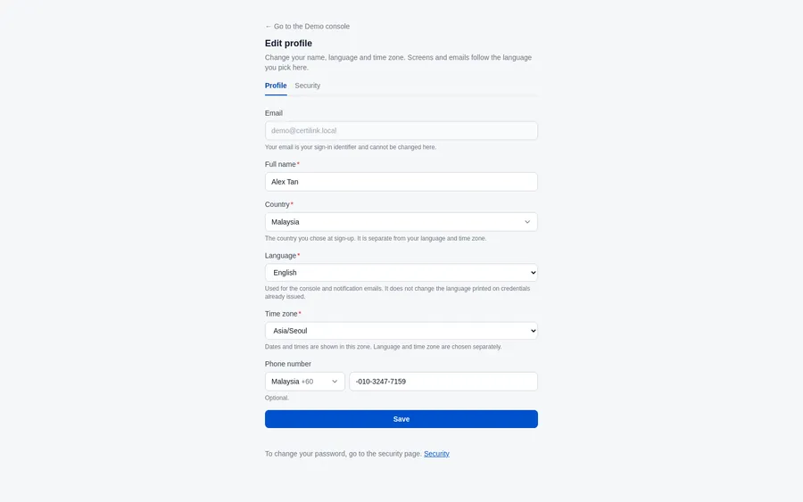 Account → Profile — language and time zone are chosen separately, and neither changes what is printed on a credential already issued.