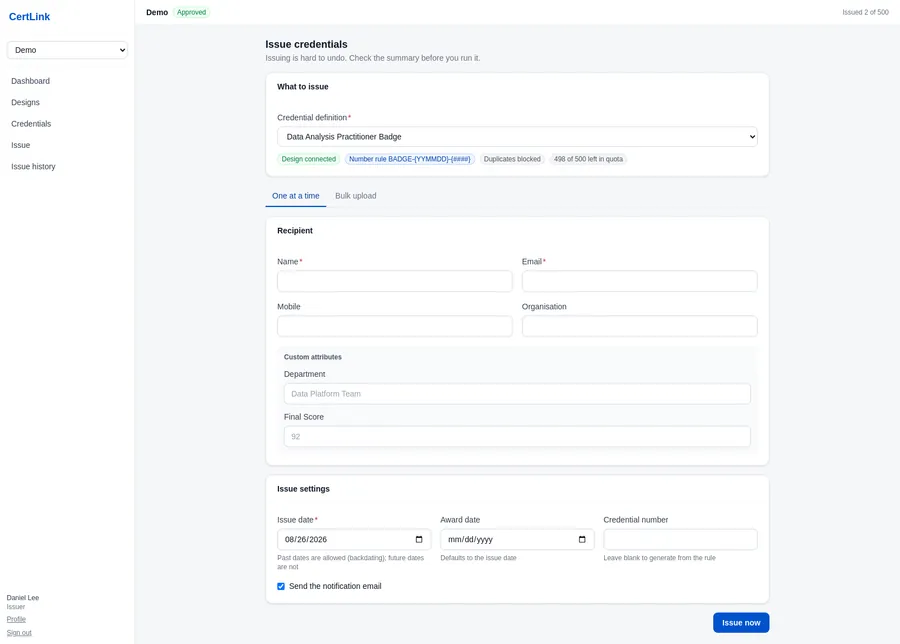 The Issue screen. The row of labels under the definition tells you what it will do before you commit to anything.