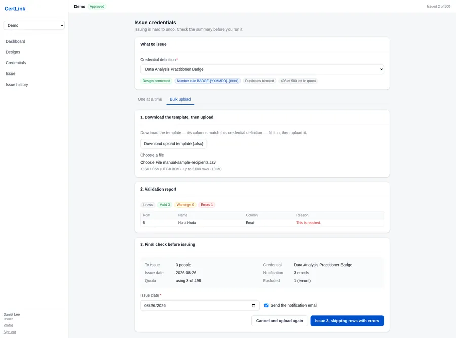 A bulk upload after validation: the report classifies every row, unknown columns are called out, and the final check summarises what is about to happen.