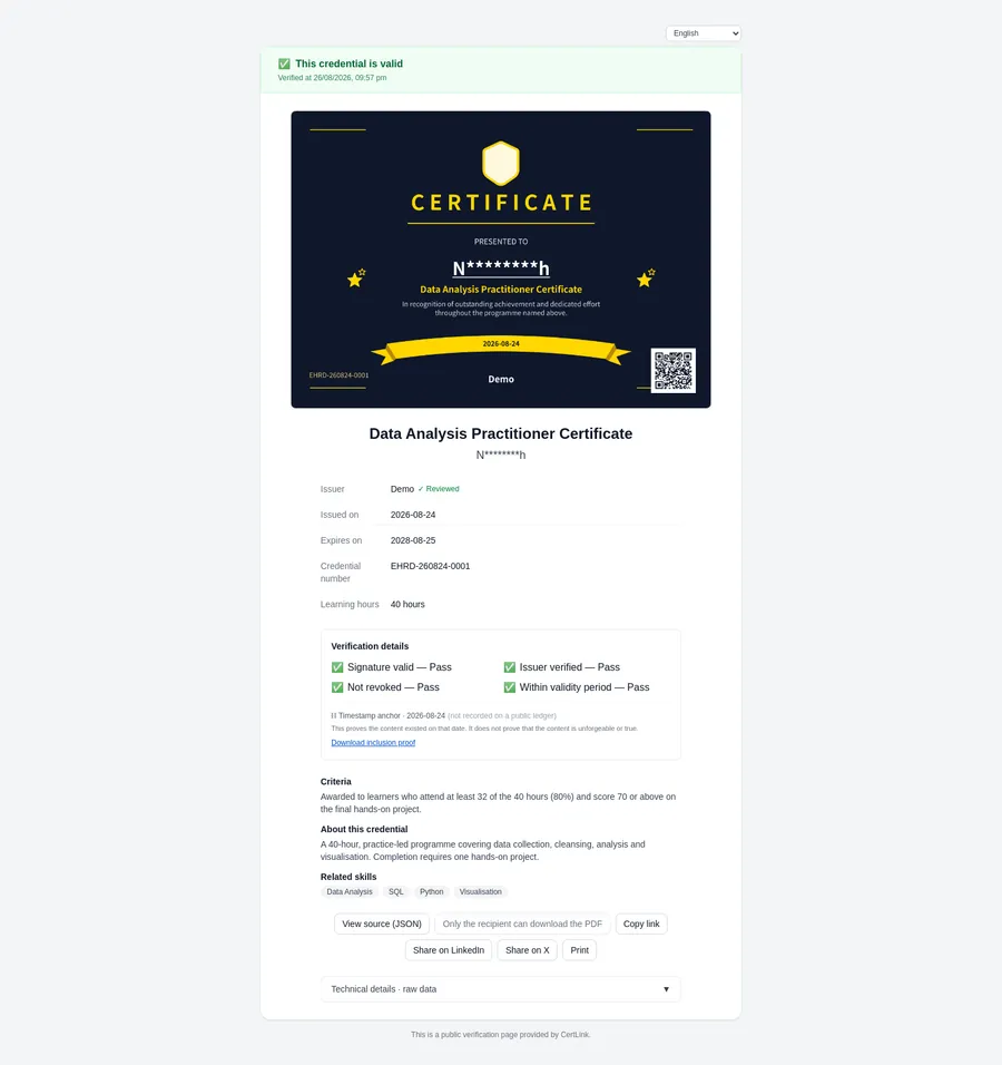 The public verification page. The recipient’s name is masked, the four checks are shown individually, and the PDF is offered only to the recipient.